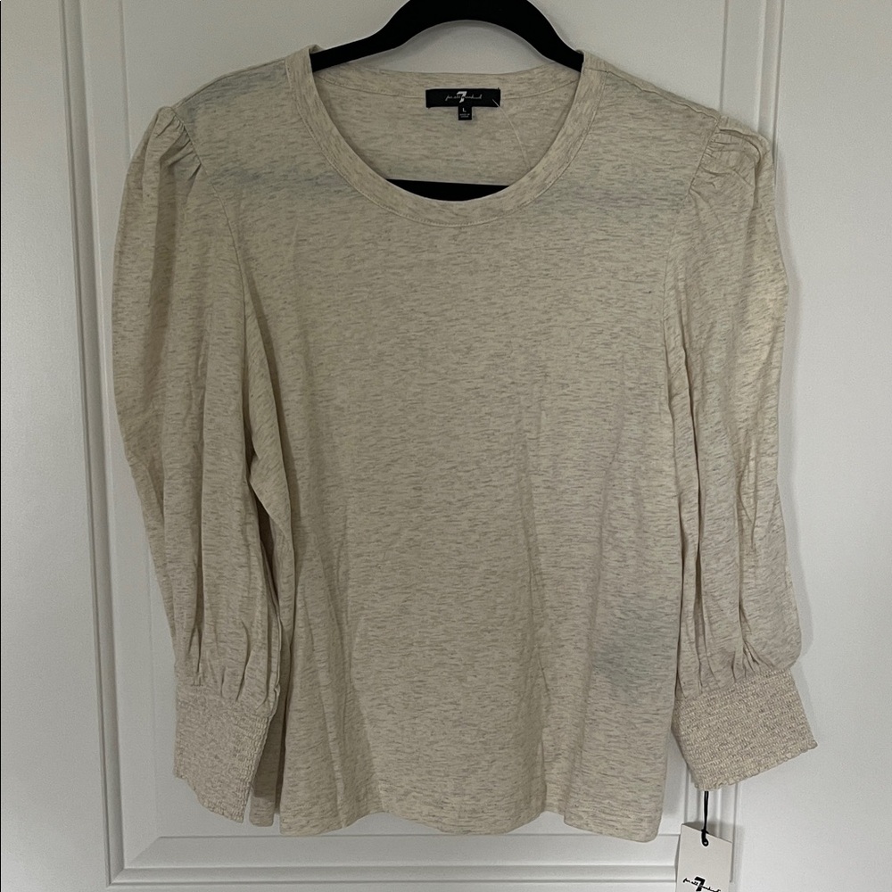 7 For All Mankind Puff-Sleeve Crewneck Top in Oatmeal Heather